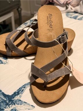 Bio-Gold Gray Suede Cork Wedge Sandals with Adjustable Buckle
